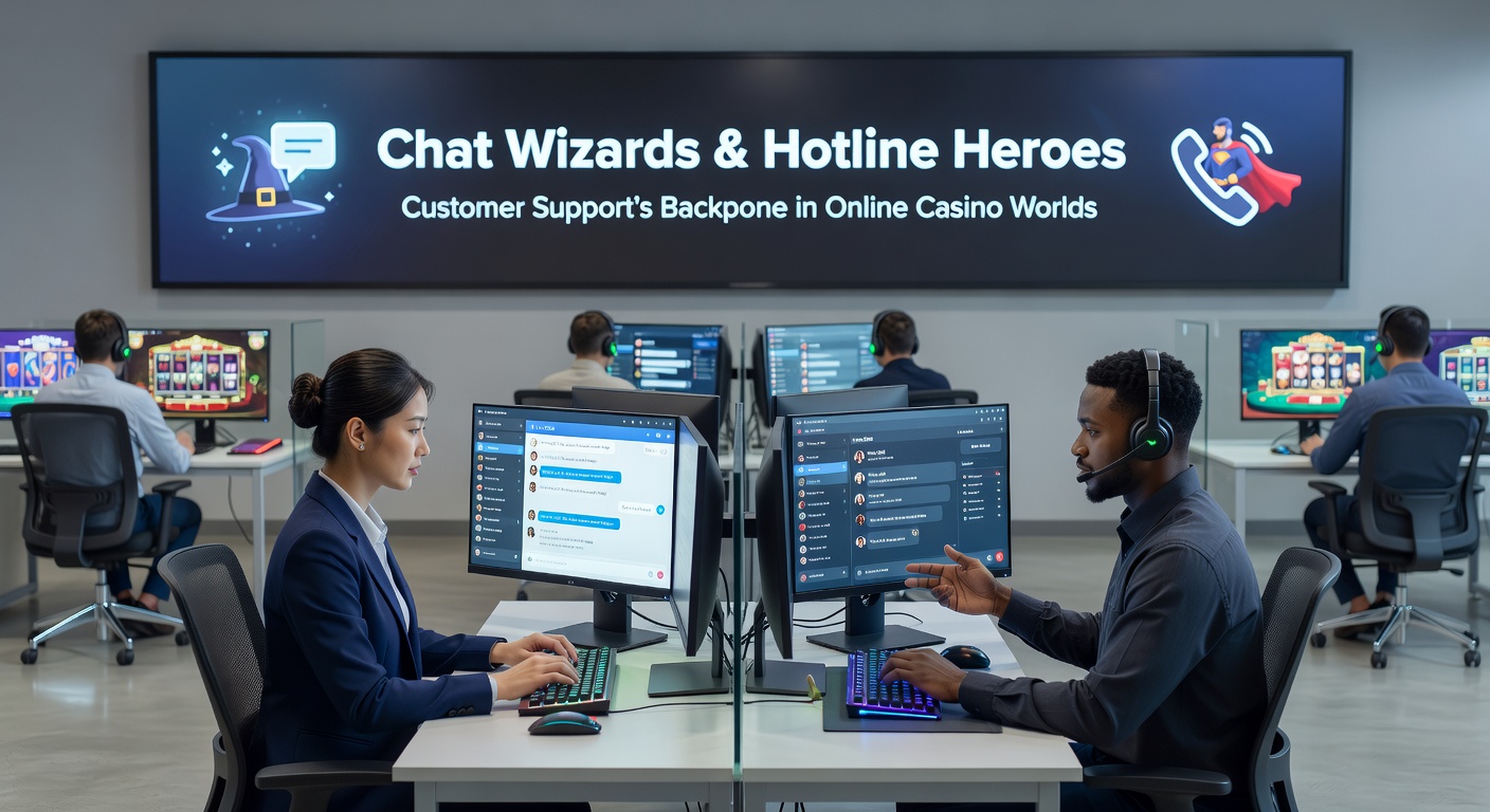 Ein Support-Helden-Team in Aktion: Headsets auf, Bildschirme voller Chat-Fenster und Telefon-Logs in einem belebten Call-Center für Online-Casinos