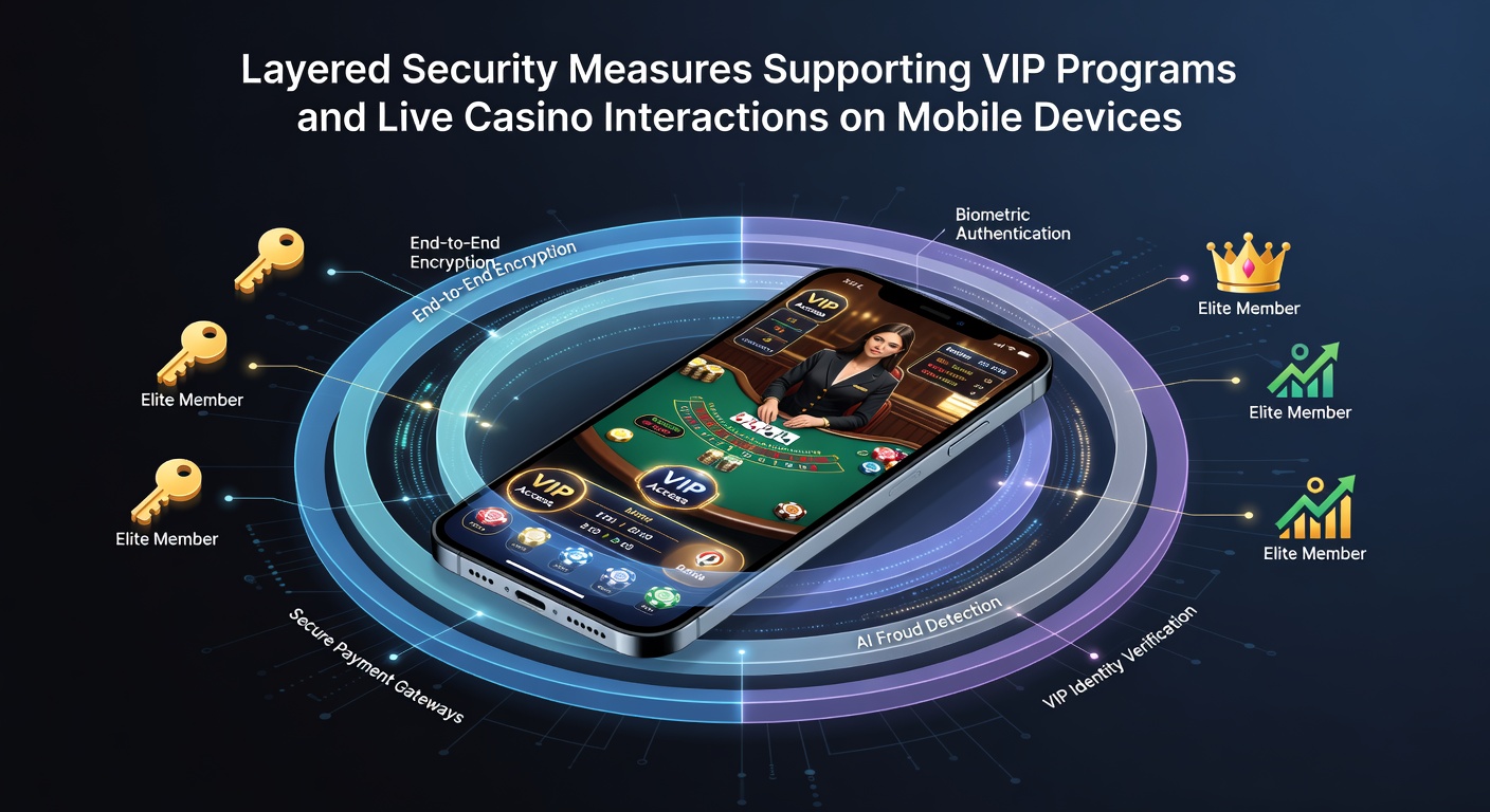 Illustration mehrschichtiger Sicherheitsmaßnahmen in mobilen Casino-Anwendungen mit Fokus auf VIP-Bereiche und Live-Dealer-Sessions