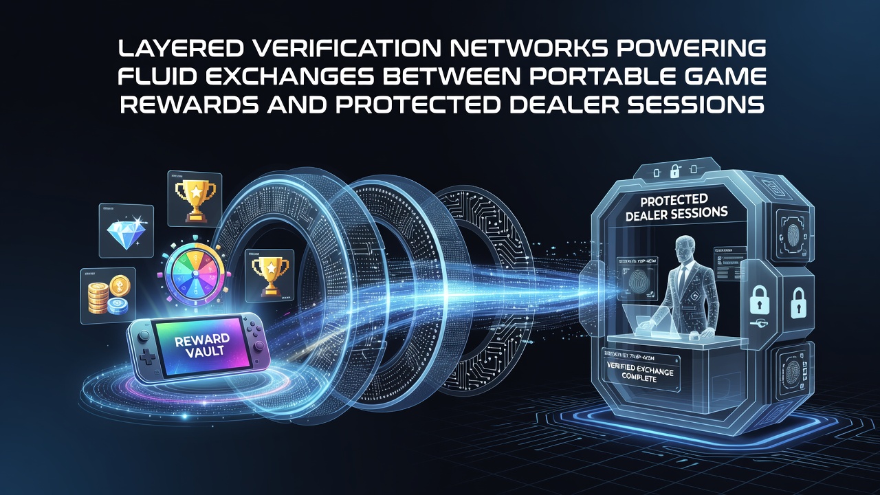 Illustration mehrschichtiger Verifikationsnetzwerke in mobilen Casino-Plattformen mit Fokus auf sichere Belohnungs- und Dealer-Sitzungen
