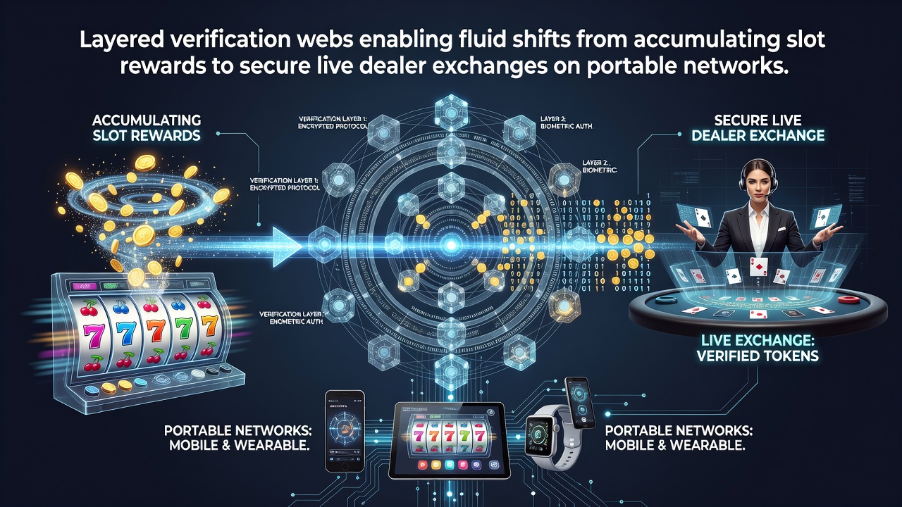Illustration eines schichtvernetzten Verifizierungssystems mit mobilen Slot- und Live-Dealer-Elementen