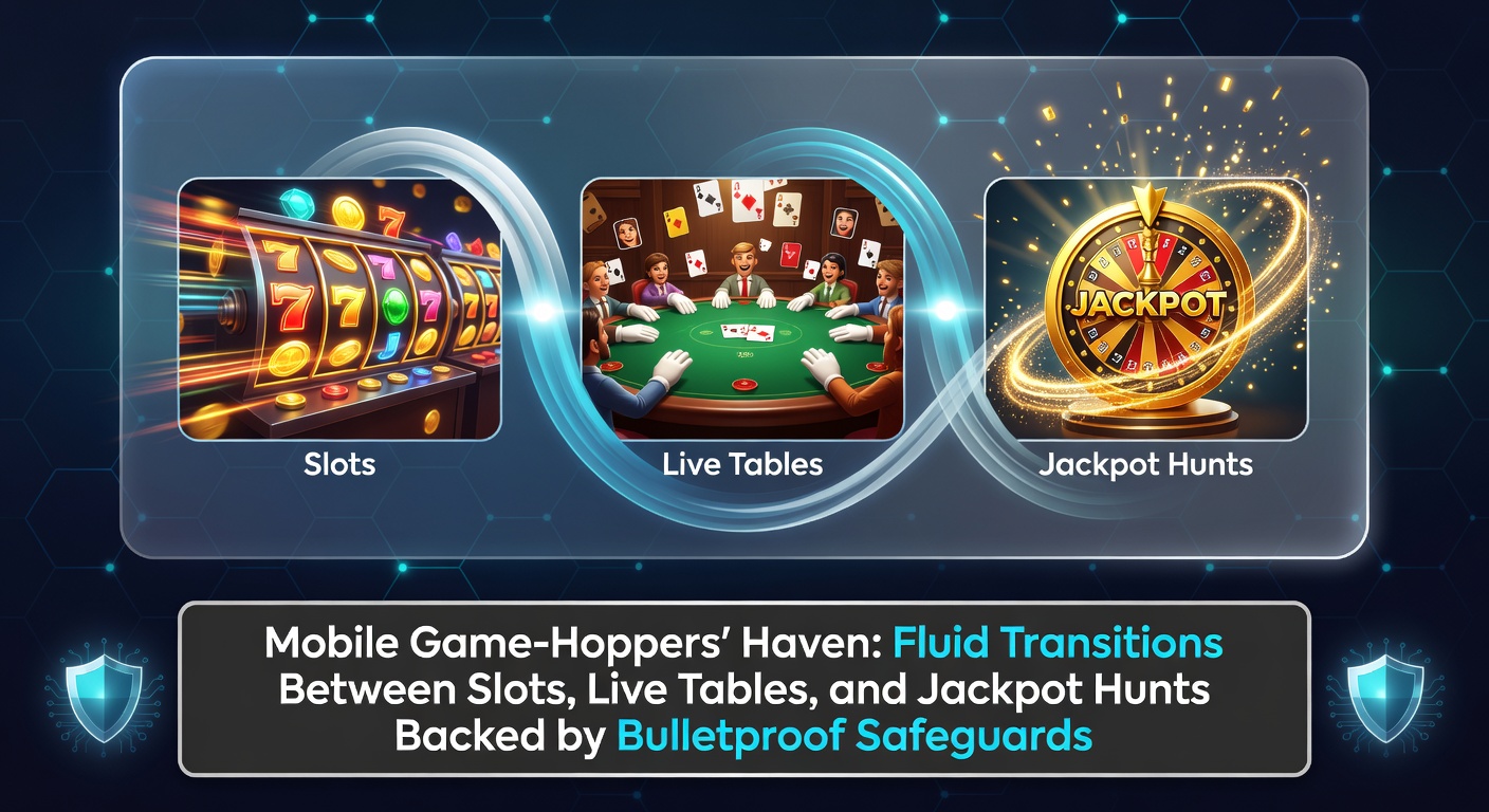 Smartphone mit nahtlosem Wechsel zwischen Slot-Maschinen, Live-Roulette-Tisch und progressivem Jackpot-Anzeiger auf einem modernen Online-Casino-App-Bildschirm
