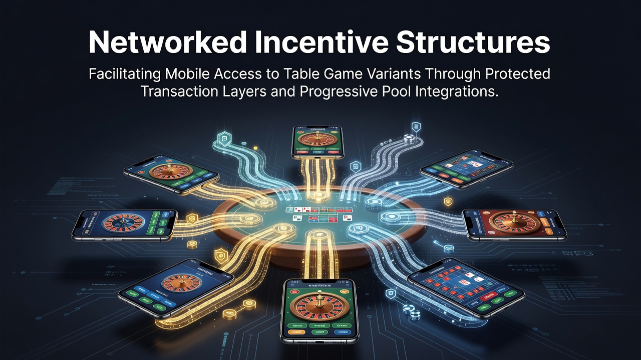 Illustration vernetzter Anreizstrukturen in mobilen Casino-Plattformen mit Fokus auf Tischspiele und Transaktionssicherheit