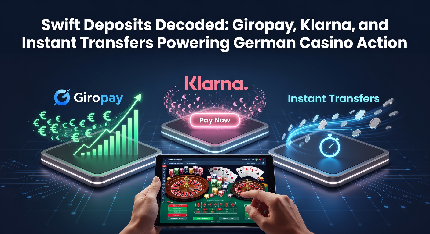 Grafik zeigt Giropay, Klarna und Instant-Transfer-Symbole neben einem Casino-Slot mit Blitz für Schnelligkeit