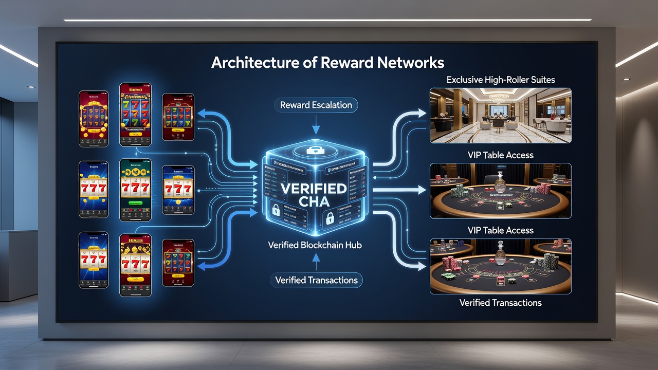 Illustration von verifizierten Kanälen und Netzwerkverbindungen zwischen mobilen Slots und VIP-Tischen in Casino-Architekturen