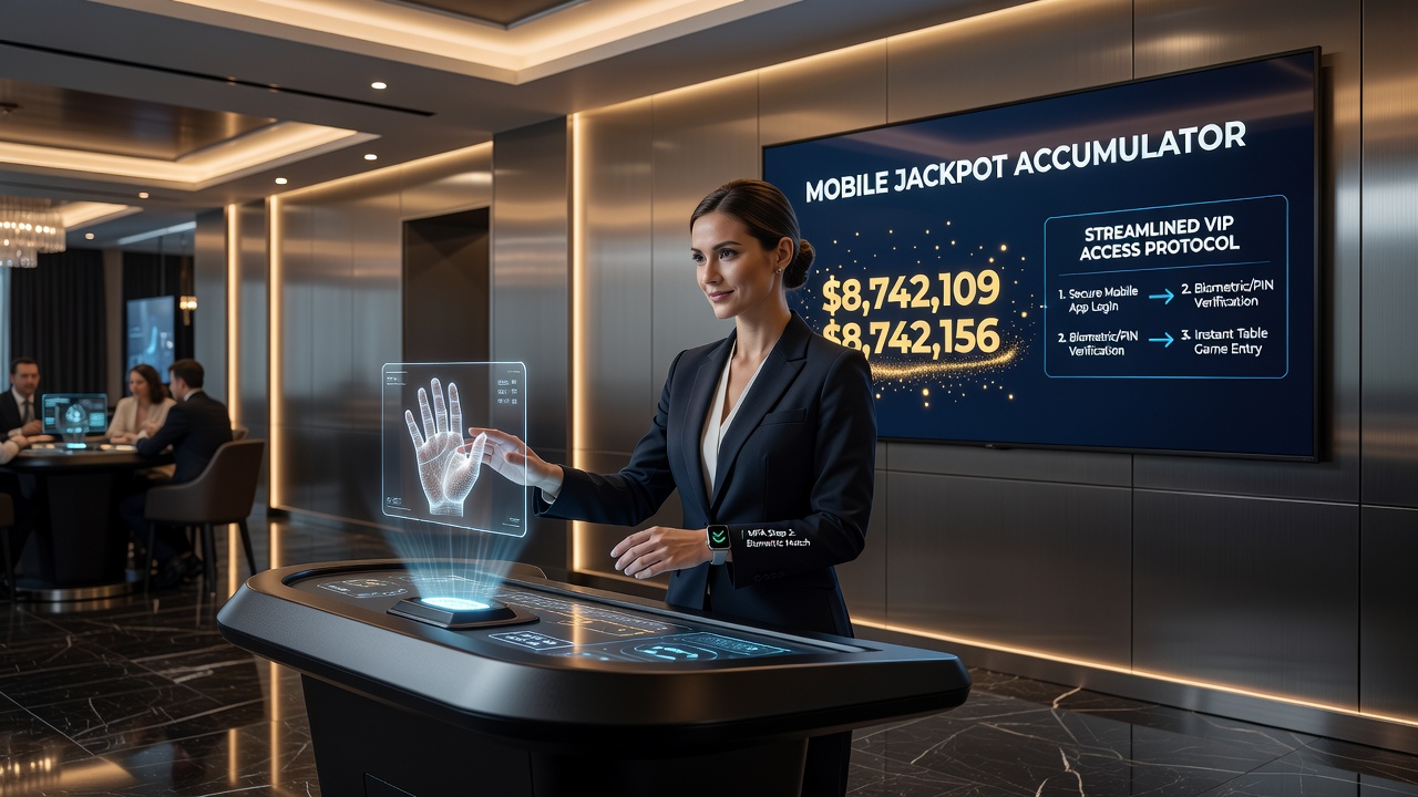 Illustration einer sicheren mobilen Casino-Schnittstelle mit Verifizierungsebenen für VIP-Spieler