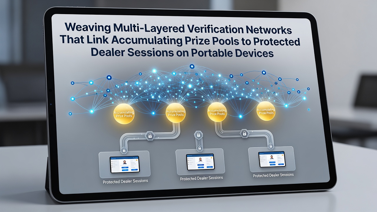 Illustration eines vernetzten Verifikationssystems für mobile Casino-Plattformen mit Gewinnpools und Live-Dealer-Sitzungen
