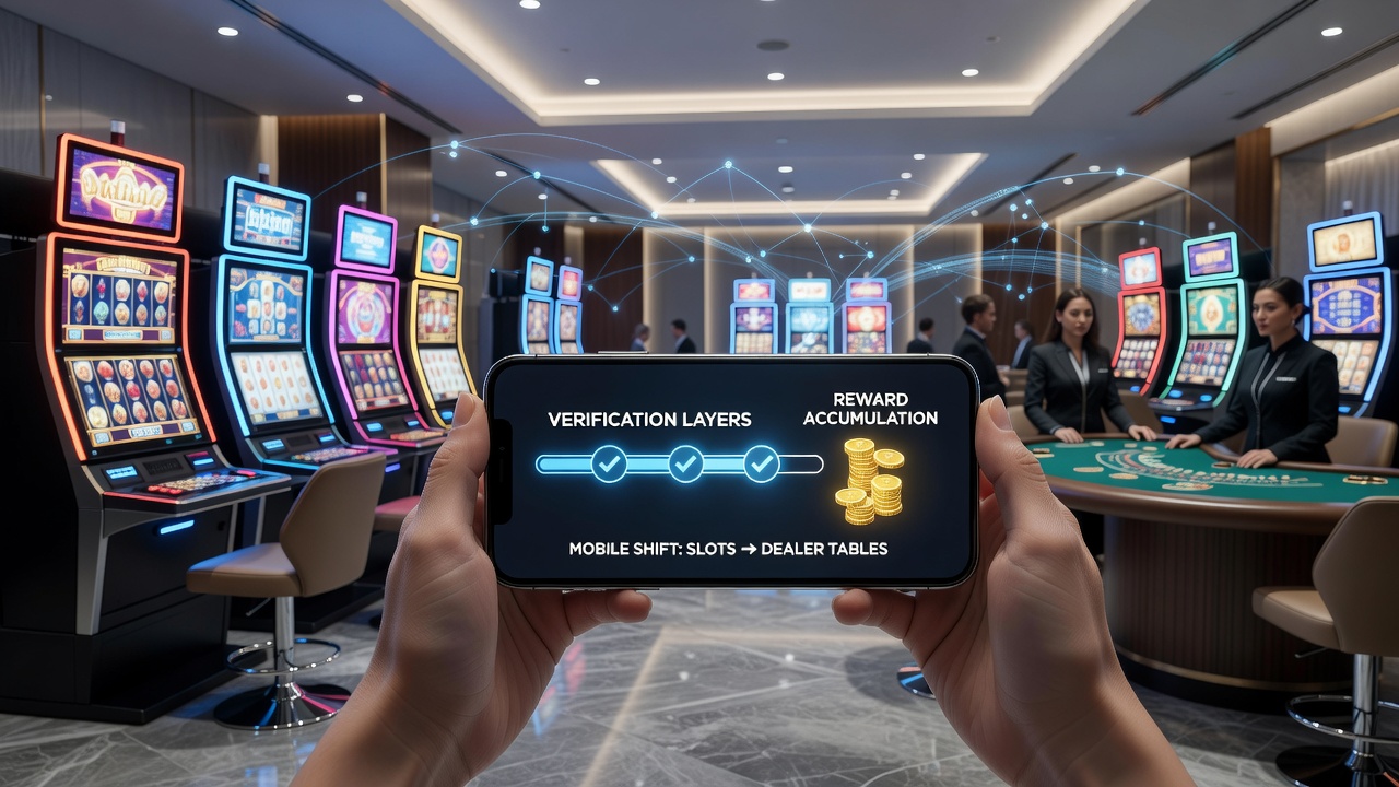 Mobile Casino-Schnittstelle zeigt Verifikationsprozesse und Belohnungsanzeigen während eines Wechsels von Slots zu Live-Dealer-Tischen