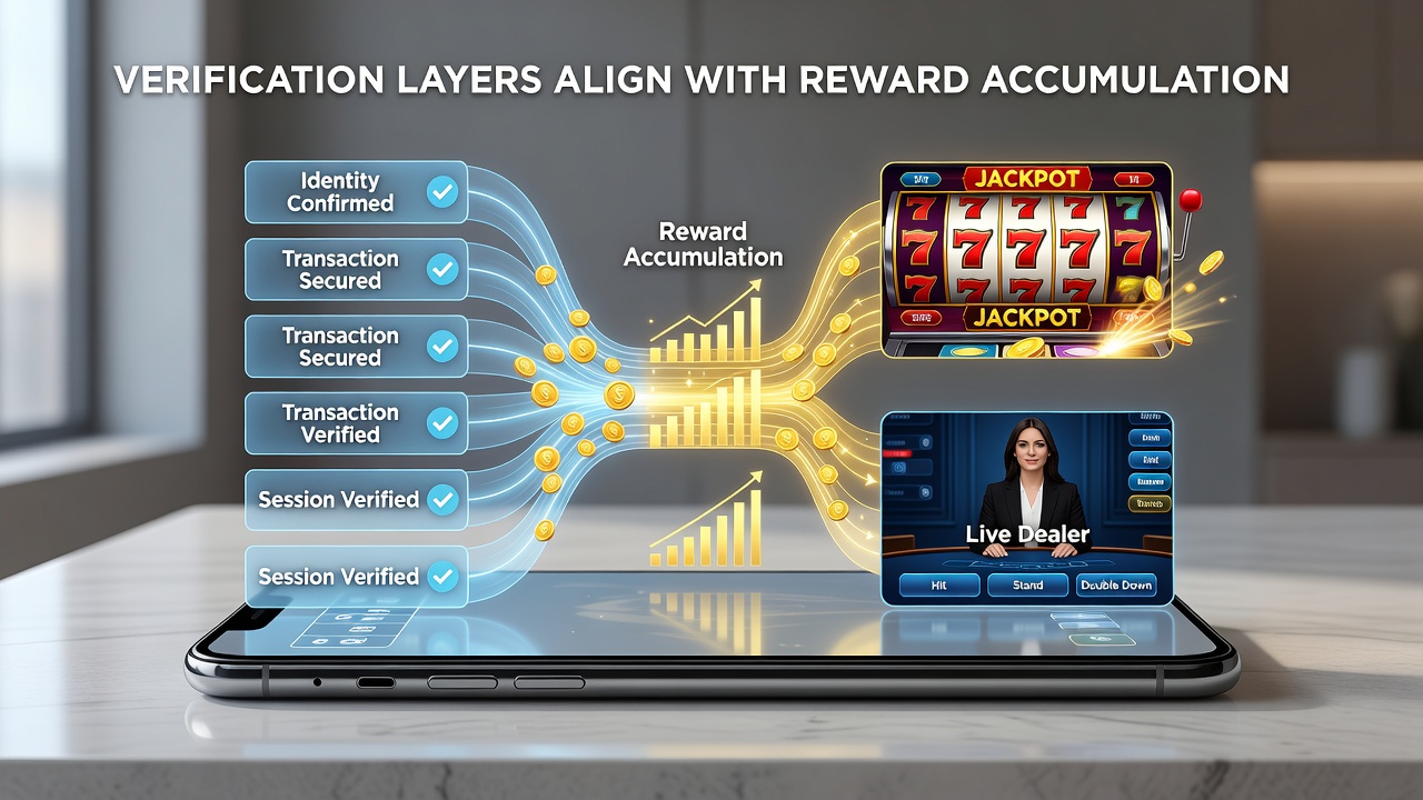 Darstellung eines mobilen Wechsels zwischen Slot-Spiel und Live-Dealer-Tisch mit sichtbaren Sicherheits- und Belohnungsindikatoren